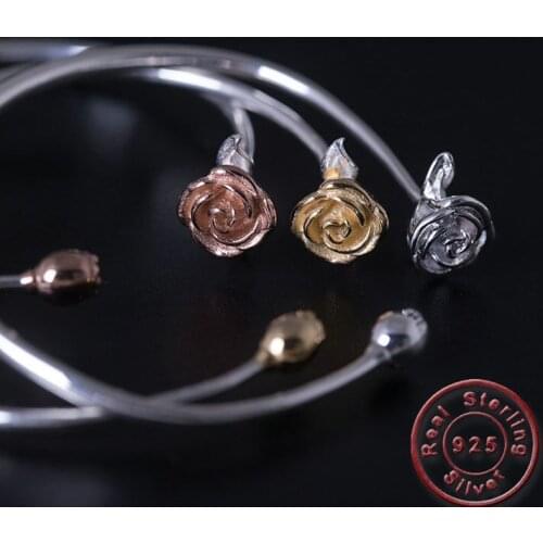 Amxiu Two Tones Color Open Bangle 925 Sterling Silver Rose Flower Bangles For Women Girls Party Gift Jewelry Fashion Accessories
