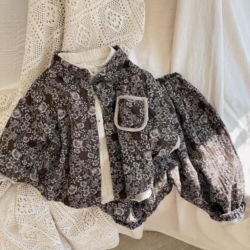 Korean Childrens Suit 2021 Autumn New Boys and Girls Personalized Print Shirt Pants Childrens Cotton Hemp Retro Two Piece Set