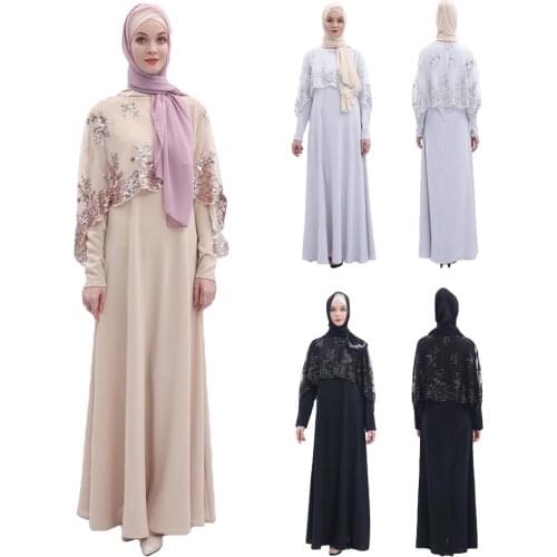 Dubai Two Pieces Abaya Sequins Cape Cloak Long Dress Muslim Women Kaftan Jilbab Elegant Robe Gown Islamic Clothing Arab Fashion