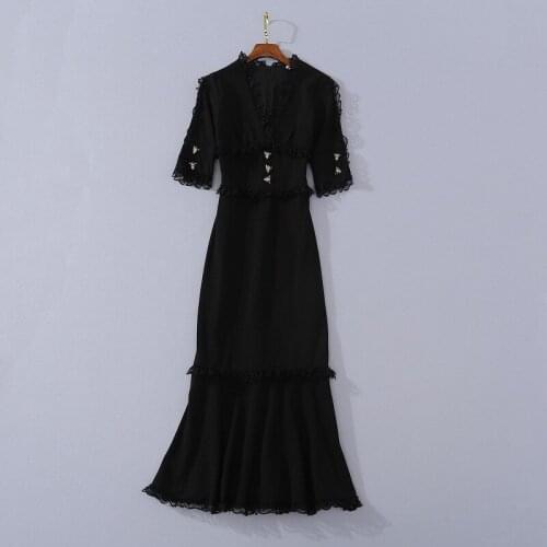 European and American womens wear 2020 summer new style Five-point sleeve stand collar lace Fashionable black fishtail dress
