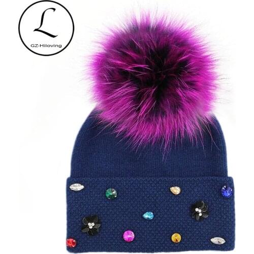 GZHILOVINGL Quality Winter Wool Thick Soft Designer Hats Women Girls Skullies Beanies Diy Flower Elastic Rhinestone Pom Pom Hat