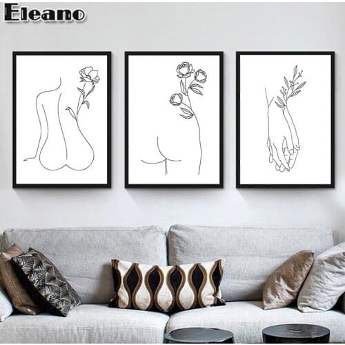 Family Member Abstract Line Drawing Modern Art Canvas Painting HD Naked Woman and Flowers Black and White Wall Art Picture