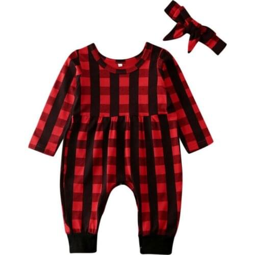 Citgeett Spring Red Plaids Xmas Infant Bay Girl Clothes Plaid Romper Long Sleeve Overall Headband Outfit 0-18M