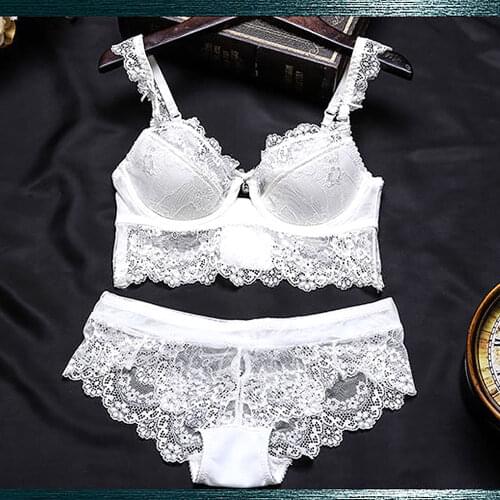 YANDW white sexy lace bras sets embroidery women underwear Thin Padded push up bra floral panty A B C D 32 34 36 38 40 42