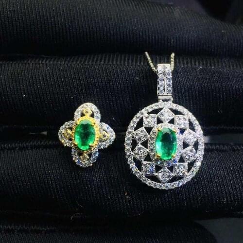 Real Natural Emerald jewelry set Natural Real Emerald 925 sterling silver 1pc pendant,1pc ring