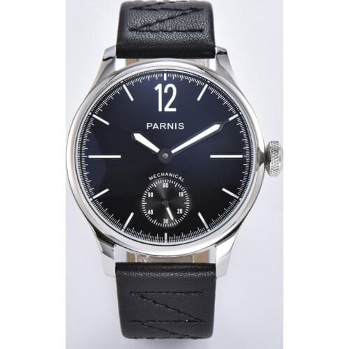 New 2020 PARNIS 44mm ST3620 movement Hand-winding Mens Wristwatch black dial pin clasp leather strap Mens clock