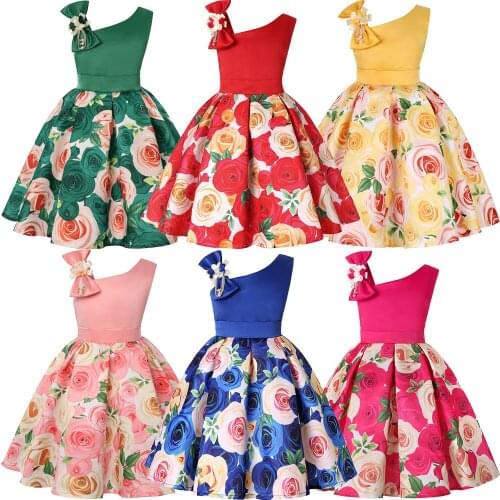 2021 New Flower Pattern Girls Dress One-shoulder Summer Party Princess Dresses For Girls Big Size Costume Kids Clothing