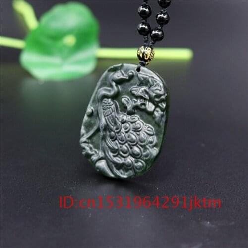 Necklace Gifts Amulet Peacock Carved Green Black for Charm Chinese Jewelry Obsidian Jade Pendant Men Accessories Natural