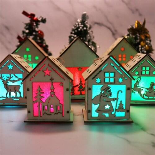 Christmas Ornaments Tree Wood House Hanging DIY Hanging Crafts LED Light Wooden House Decor for Home Party Christmas Accessories