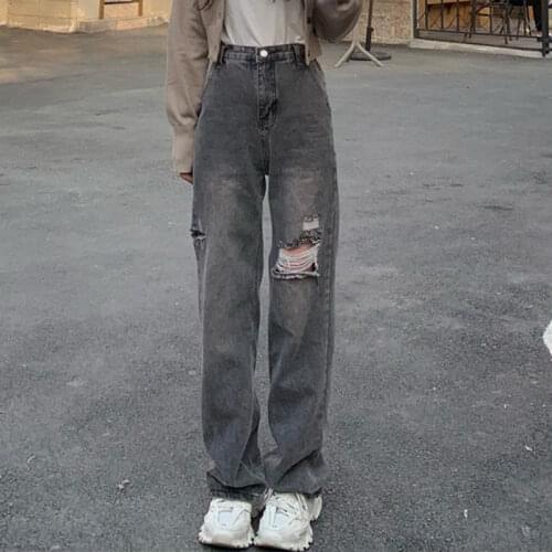 Ripped Jeans 2021 New Straight High Waist All-match Distressed Womens Pants Streetwear Loose Wide Legs Womens Fashion Jeans