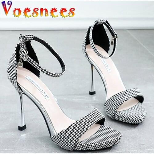 Rhinestone Decoration Summer Women Shoes Gingham Cutout Thin High Heels Walk Show High Heels Fashion Sexy Office Lady Sandals