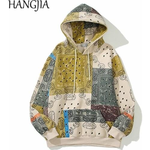 Harajuku Cashew Flower Ethnic Patchwork Thick Streetwear Hooded Sweatshirts Hoodies Spring Autumn Vintage Fleece Mens Hoodie