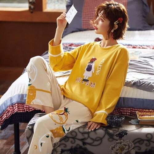 2020 Spring Autumn Women Pajamas Sets Sleepwear Long Sleeve 100% Pure Cotton Female Lovely Cartoon Animal Pijama Mujer