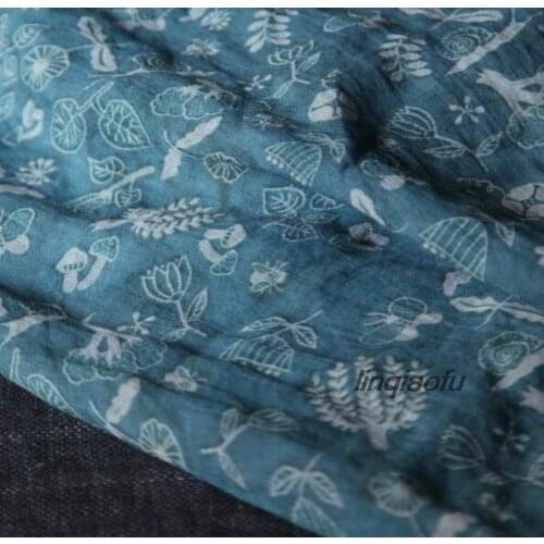 High-end summer clear ramie gray-blue floral fabric Digital printed plant flower dress robe cloth