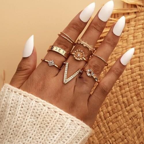 Docona 9pcs/set Gold Color Sun Flowers Crystal Knuckle Ring Sets for Women Vintage Geometric Alloy Rings Jewelry Anillos 15120