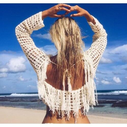 Women Bathing Suit Tassel Lace Hollow Tassel Knitted Crochet Bikini Swimwear Biquini Tankini Cover Up Beach Wear Tops Smock