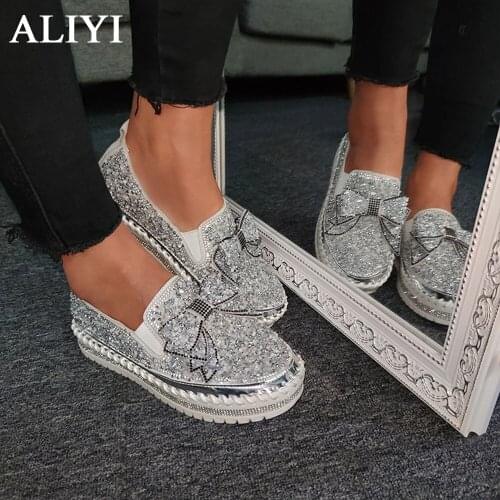Women Shining Rhinestone Slip-on Loafers With Cute Bowknot Thick Botton Lazy Casual Ladies Shoes Bling Female Flats