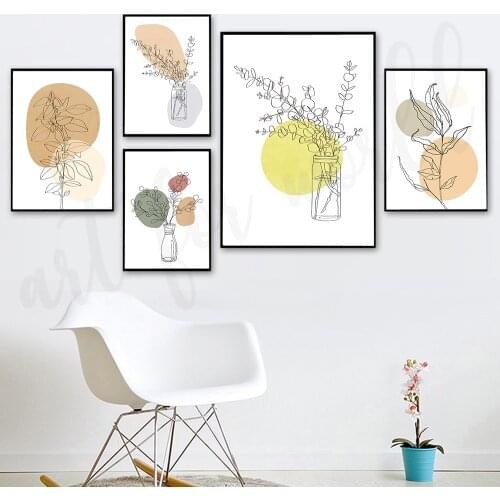 Abstract Line Flower and Leaves Canvas Print Nordic Colorful Boho Style Wall Art Painting for Living Room Home Decor