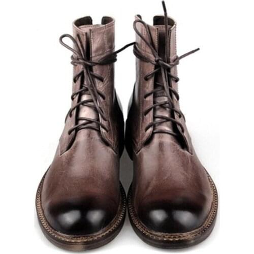 British Ankle Boots Men Brand Lace-Up Cow Leather Cowboy Boots Winter Vintage Black/Brown Dress Boots Office Zapatos De Hombre