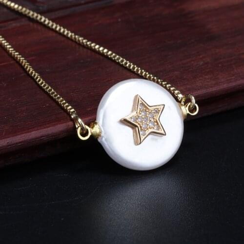 Multi cz star sign pave charm natural freshwater pearl bead link dainty bracelet gift for woman