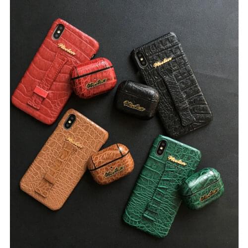 Crocodile Skin PU Leather Wrist Strap Case For iPhone 11 Pro 6s 7 8 Plus XS Max XR Hand Strap Holder Hard Cover For Airpods Pro