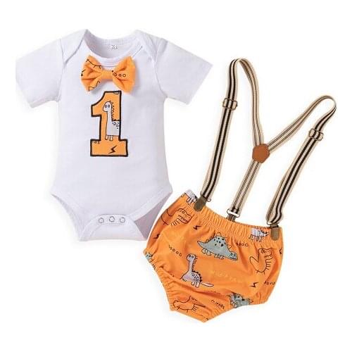 Kid Baby Boy Suit Birthday Set Cartoon Animal Dinosaur Print O-Neck Short Sleeve Romper+ Suspender Shorts for Summer 2Pcs Outfit