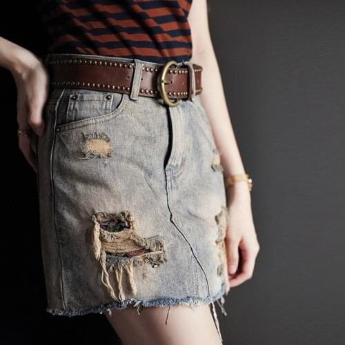 High Waist A-Line Denim Skirt Women Summer New Vintage Loose Fit Jeans Skirt Frayed Hole Streetwear Female Skirt Quality