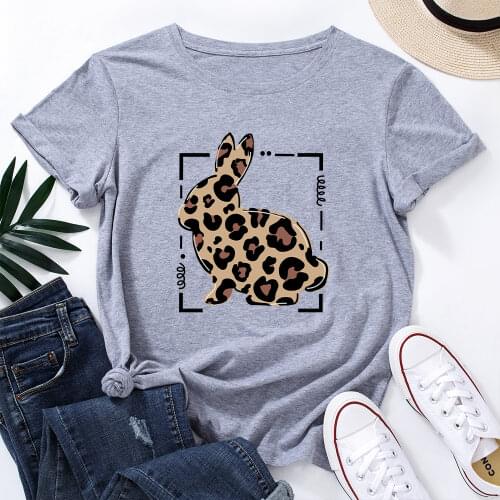 Womens Graphic Tees Cotton Short Sleeve Crew Neck Loose T Shirt Plus Size Tops Female Summer Casual Clothes Leopard Rabbit