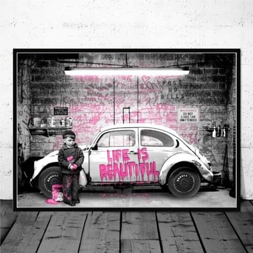 Street Graffiti Car "Life is beautiful" Canvas Painting on Canvas Posters and Prints Wall Art Pictures for Living Room Cuadros