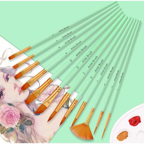 12Pcs Watercolor Gouache Paint Brushes Different Shape Round Pointed Tip Nylon Hair Painting Brush Set Paint Art Supplies 00081