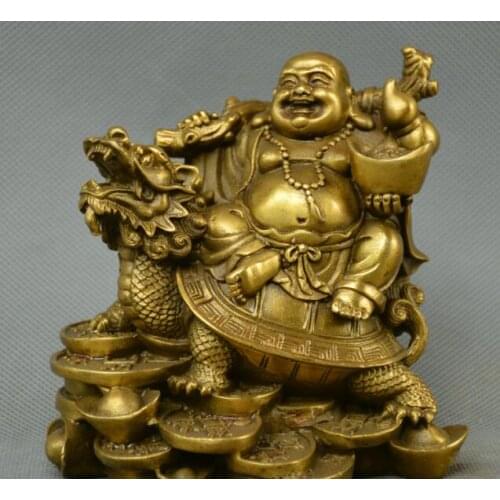 Chinese Buddhism old Bronze Maitreya Buddha sit Dragon turtle yuanbao statue