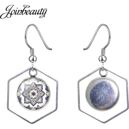 JOINBEAUTY Geometry Flower Round Glass Drop Earrings Polygon Hollow Out Dangle Earrings Exaggeration Jewelry For Girl Gift B393