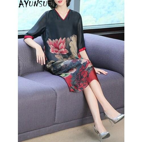 AYUNSUE Summer Silk Plus Size Dress Woman Vintage Floral Dresses for Women Casual V Neck Midi Vestido Verano Mujer 2021 KJ6621