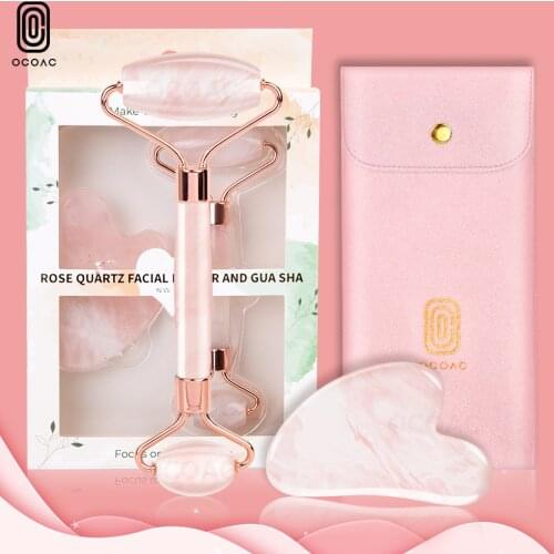 2pcs Jade Massagers Gua Sha For Face Care Lifting Rose Quartz Gouache Scraper Facial Roller Slimming Set Boxed Skin Massage
