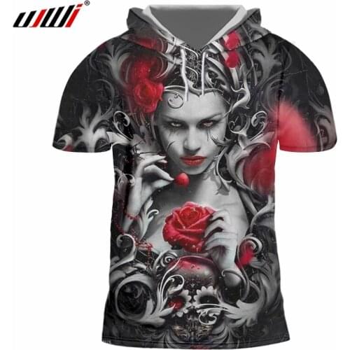 UJWI Summer Mens Funny Print Goblin 3d Hooded T-shirt Rose Skull Short Sleeve Hoodies Sportswears Tracksuits Outwears Plus Size