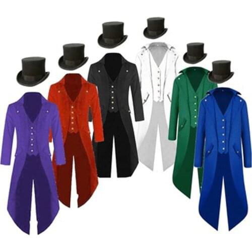 Medieval Mens Steampunk Halloween Costume Plus Size 5XL Vintage Tailcoat Jacket Gothic Magician Ringmaster Coat With Magic Hat