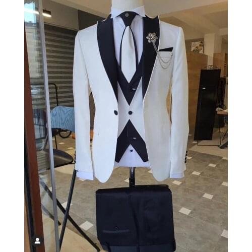 New Business White Black Tuxedos Men Suits Costume Homme Grooms Wedding Tuxedos Terno Masculino Slim Fit Prom Blazer 3 Pcs