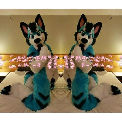 Halloween Gifts Blue Long Fur Husky Dog Fursuit Mascot Costume Suit Cosplay Fancy Dress Adults Birthday Gift Unisex