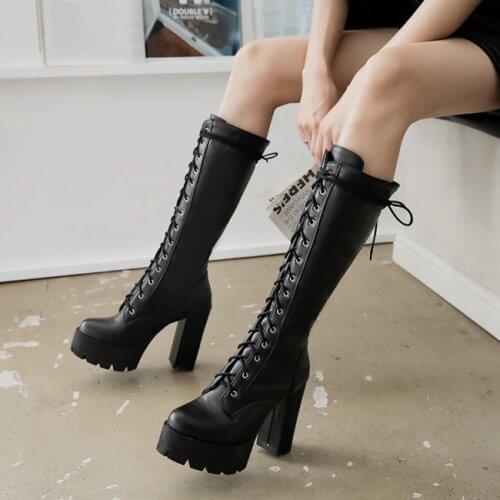 PXELENA Drop Ship Women Knee High Boots Punk Rock Gothic Lace Up Chunky Block High Heels Knight Riding Motorcycle Female Shoes