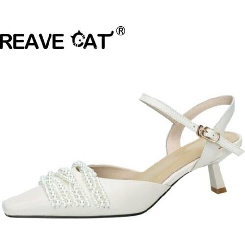 REAVE CAT 2021 Retro Pump Beading Pointed Toe Front Rear Strap Slingbacks 5.5cm Strange Heel Size 33-42 White Yellow Black A4312