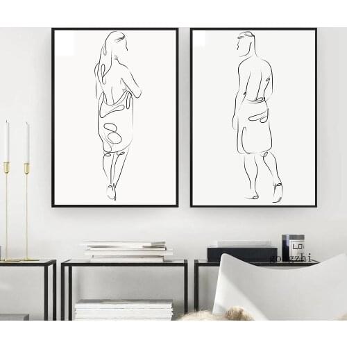 Nordic Nude Woman Man Body Abstract Line Drawing Poster and Prints Black and White Minimalist Bathroom Wall Art Canvas Painting