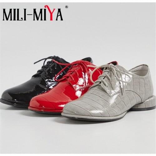 MILI-MIYA Classic Design Lace Up Women Patent Leather Pumps Solid Color Thick Heels Round Toe Spring Autumn Shoes Fro Ladies