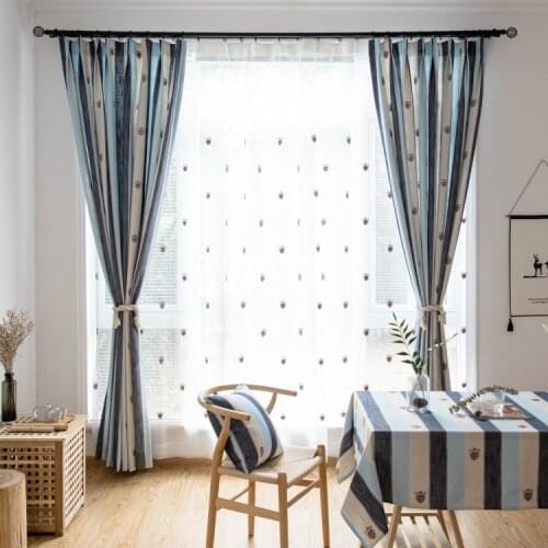 Customized Korean Cartoon Embroidered Curtain Blue Stripe Shield Curtains for Living Room Bedroom Cotton-linen Woven