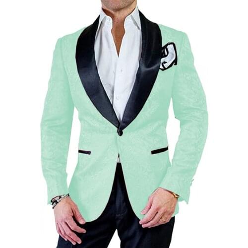 Groomsmen Mint Green Pattern with Black Groom Tuxedos Shawl Lapel Men Suits 2 Pieces Wedding Best Man ( Jacket+Pants+Tie ) C798