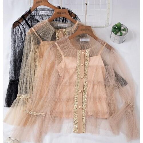 2PCS Women Flare Sleeve Basic Sequins Pearl Bow Shirt Casual Hollow Out Lace Pullover Beach Chiffon Mesh Gauze Tulle Blouse Tops