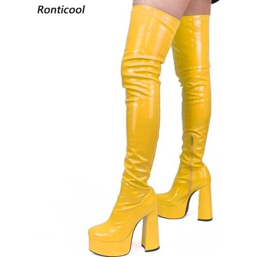 Ronticool Handmade Spring Women Thigh Boots Patent Side Zipper Hoof Heels Round Toe Pink Violet Party Shoes Women Us Size 5-15