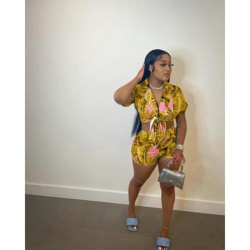 2021 Best Quality Famous Brand 2 pcs Women Set Print Turn-down Collar Blouse and Shorts Summer Beach Outfits