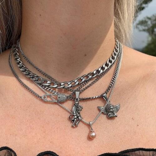 Women Fashion Bohemian Personality Demon Angel Crystal Pin Pearl Pendant Necklace Vintage Multilayer Creative Necklace Jewelry