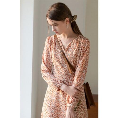 2021 Womens Spring chiffon Orange Pink V-neck Dress Women Long Sleeve Puff Sleeve Foral Waist Print Long Dresses for girl