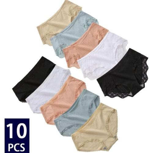 10PCS/Set Sexy Women Cotton Underwear Panties Female Lace Pantys Lingerie Ladies Briefs Solid Colors Comfortable Underpants